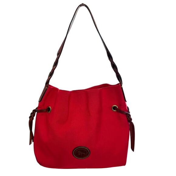 Dooney & Bourke Nylon Shopper Tote Leather Trim Drawstring Red Bag Purse - Picture 1 of 9